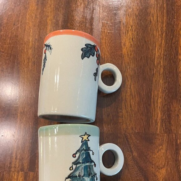 Set of 2 Handmand Pottery Christmas Mugs Hand Painted Collectible 8 Ounces! - Picture 4 of 5